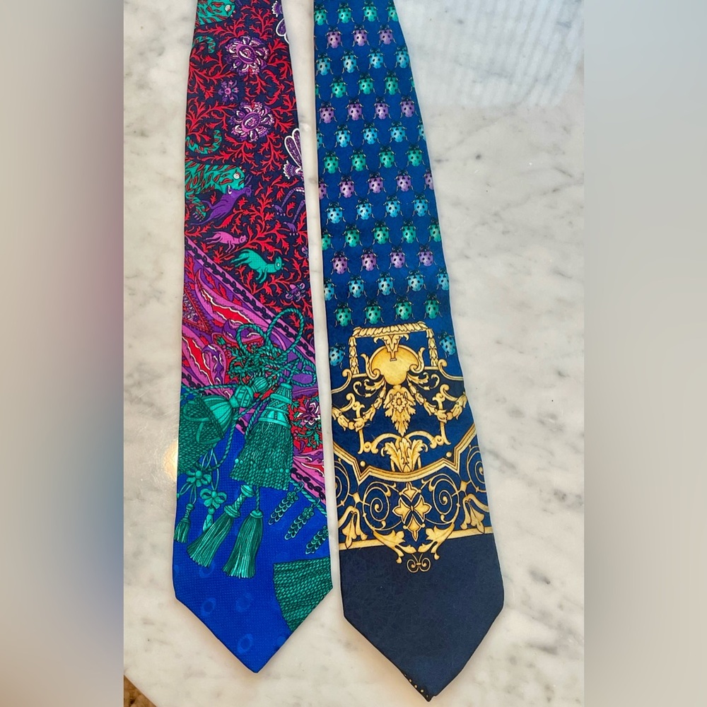 Gianni Versace & VersaceV2 duo of men’s silk ties, colorful, EUC
